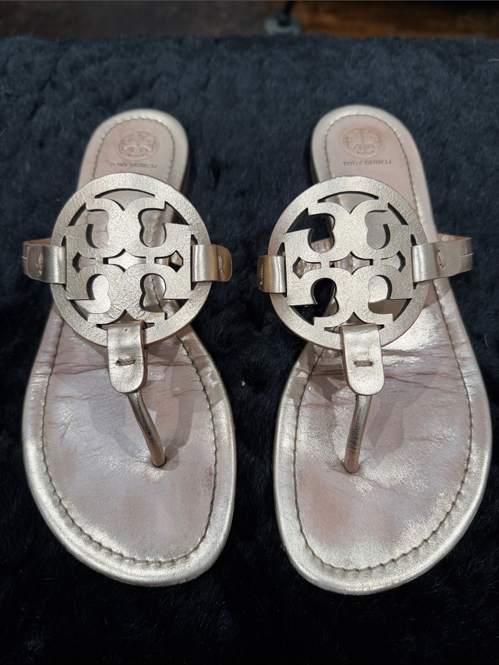 Tory Burch Metallic Rose Gold Logo Thong Sandals